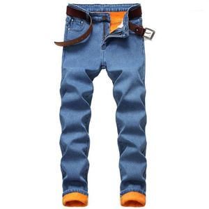 Män jeans herrar vinter termisk varm plus fleece rak flockande smala passformbyxor fodrade byxor män förtjockande denim289o