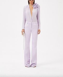 Kvinnors blusar Fantastiska hösten 2023 Kvinnor Romantisk klassisk blommblus i Lilac Formal Office Lady Elegant Deep V-Neck Tie String Casual