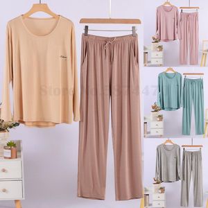 Kvinnors sömnkläder Modal Pyjamas Suit Spring Autumn Långärmad byxor Tvådelar Loose Casual Home Wear Solid Color Loungewear