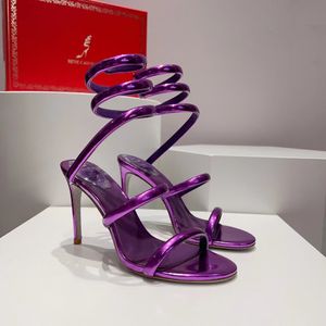 Najwyższej jakości rene caovilla moda sandały na wysokim obcasie lustrzane skórzane wąż owinięty kostki