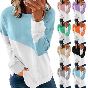 Kvinnors hoodies 2023 Spring Autumn Color-blockerande långärmad topp rund nacke kontrast Löst mjuk tröja t-shirt för kvinnor