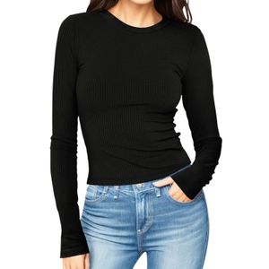 Women's Long Sleeve Crewneck T Shirts 2023 Fall Ribbed Knit Slim Fitted Casual Solid Color Basic Tee Tops