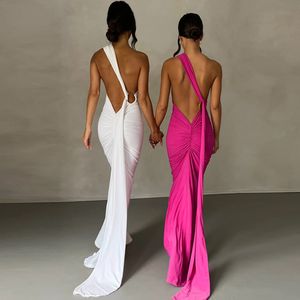 Summer Bandage Solid Sexy Backless Sleeveless Maxi Dress For Woman Robe Sexy Ruched Fashion Dress Pleated Halter Slim Fit Solid Color