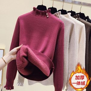 Kvinnors tröjor förtjockar fleeces stickade tröja Kvinnor i ett stycke Velvet Pullovers Autumn Winter Bottom Shirt Elasticitet Toppar Lady Thermal