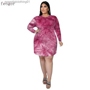 Grundlegende Freizeitkleider Damenbekleidung Übergröße 2021 O-Ausschnitt Langarm Bequeme Homewear-Kleider Lässiger Tie-Dye-Druck Gerades Kleid Herbst L230918