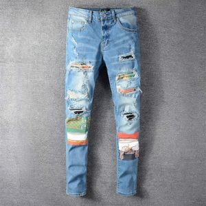 Vintage Patchwork Holes Blue Jeans Men Slim Fit Designer Royal Pattern Jeans Pants Men Big Size Hip Hop Party Trousers306Y