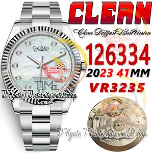 Clean CF Data 41 mm 126334 VR3235 Automatyczna męska zegarek Mother Of Pearl Shell Dial Morsanite Diamond Markery 904L Ostersteel Bransoletka Super Edition Eternity Hombre