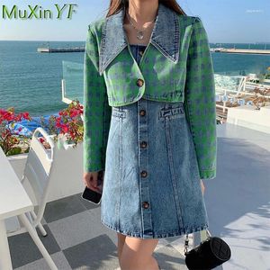 Work Dresses 2023 Women's Spring Autumn Dress Korean Chic Plaid Green Short Jacket Denim Mini Two Piece Set Student Streetwear