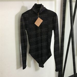 Cheio de strass bodysuit camisetas topos para mulheres design de luxo apertado macacão manga longa uma peça roupas