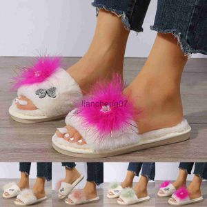 Slippers Free Shipping Slippers For Women Indoor And Outdoor Rhinestone Butterfly Decorative Open Toe Fluffy Cotton Flat Slippers x0916