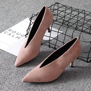 Dress Shoes Women Thin Heel Pointed Toe Flock Pumps Plus Size 33-40 Black Red Elegant Office For Ladies Comfortable Slip Ons 5cm