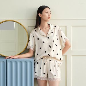 Pijamas femininos verão seda polka dot fino manga curta shorts pijamas conjunto cardigan bolso casa roupas de duas peças