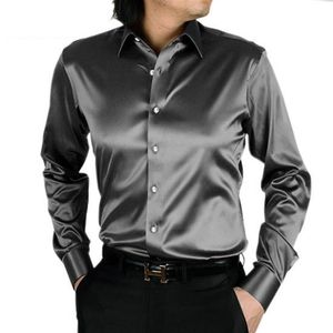 Mens Solid Silk Casual Shirts Long Sleeve Rayon Wedding Dress Shirts Men Soft Comfortable Fashion Shine Silk Shirt Camisa TS-143189R