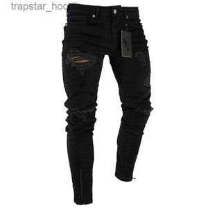 Men's Jeans Men's Black Ripped Jeans Washed Frayed Trousers Zipper Decoration street elastic Pants L230918