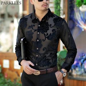 Luksusowa przezroczysta koszula mężczyzna Mężczyźni Kwiat haftowa koronka dla mężczyzn Sexy See Through Dress Shirts Mens Club Party Prom Chemise Men's321e