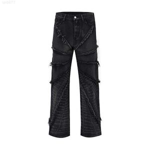 Men Autumn New Fashion tide High Street Ragged Stone Mill Made Old Washed Designer Jeans Straight Loose Pants