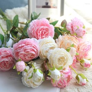 Dekorativa blommor Rose Artificial 3 Heads White Peonies Silk Red Pink Blue Fake Flower Wedding Decor for Home Peony Bouquet