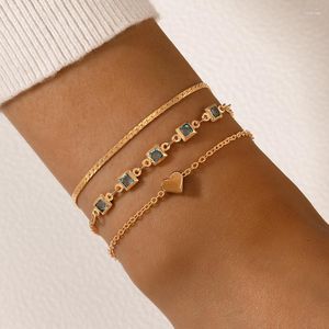 Länkarmband lyxig blå fyrkantig kristallsten för kvinnor charms älskar hjärtskiktad metall armband lady smycken 3 st/set 20904