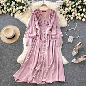 Casual Dresses For Women 2023 Evening Party Elegant Satin Dress Spring Autumn V Neck Long Sleeve Buttoned Office Midi