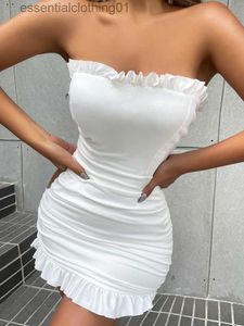 Basic Casual Dresses Fairyshely Sexy Off Shoulder Ruffle Min Dress 2023 Summer Club Bodycon Lady Short Dresses For Women Evening White Clubwear Dress L230918