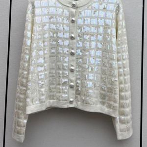 Женский трикотаж 2023, кашемировый кардиган с блестками для подиума, элегантный женский однобортный блестящий белый свитер с круглым вырезом, модная куртка