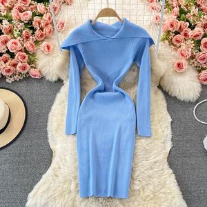 Casual Dresses Bodycon Dress Women Clothing Elegant Cape Collar Ribbed Knitted Autumn Winter Warm Mini Long Sleeve