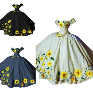 Vintage Sunflowers Embroidered Quinceanera Dresses Charro Mexican Style Off The Shoulder Big Bow Corset Sweet 16 Dress Ball Gown P243V