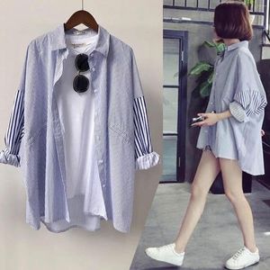 Camicette da donna Camicia a righe di media lunghezza primaverile Studente Cappotto a maniche lunghe stile fidanzato coreano ampio e versatile