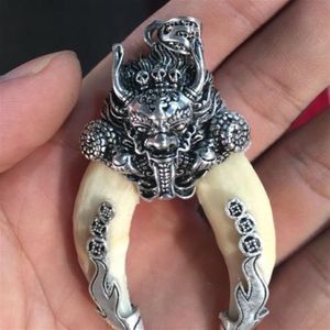 Ciondolo talismano protettivo cinese antico dente di cinghiale di maiale selvatico drago d'argento261b