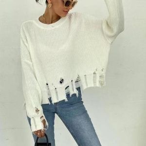 Kadın Sweaters Yırtık Örgü Sweater Crewneck Uzun Kollu Kısa Kişilik Günlük Harajuku Kış 2023 Koleksiyonu