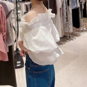 Frauen Blusen Neploe Plissee Flare Ärmel Einfarbig Weibliche Top Japan Stil Elegante Slash Kragen Hohe Taille Hemd Bluse