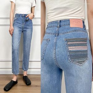Frauen Jeans Frauen Hohe Taille Gestickte Tasche Dünne Knöchel Gerade Bein 2023 Sommer Koreanische Mode