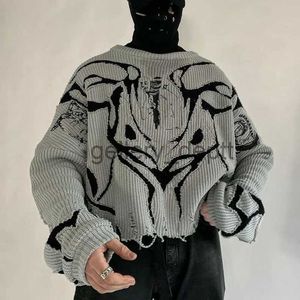 Erkek Sweaters 2023 Ekolojik Köy Siyah Beyaz Küleyler Y2K Giysileri Sweaters Yok Edilmiş Kadınların Sweater Harajuku Hole Sweater J230918