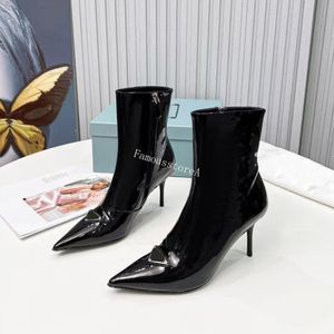 Dupe botas de grife mulheres bota com zíper lateral bota de couro envernizado apontou 85mm bota de salto alto fino com decoração triangular casual novos sapatos de festa primavera outono