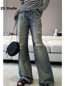 Men's Jeans ZD Studio Vintage Made Old Ripped Floor Drag Straight Pants Slim Leg Length Casual Spring Autumn 2023 230918