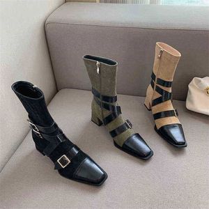 Moda feminina meados de bezerro botas cruz bandagem rebanho lado zíper quadrado dedo do pé inverno verde preto bege saltos grossos cinto 220815