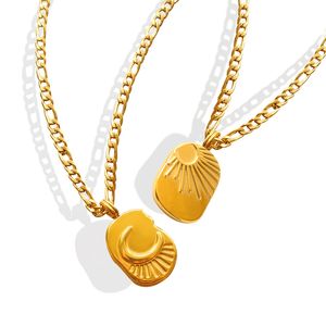 Овальное квадратное ожерелье с тиснением Луны и Солнца, винтажное ожерелье из нержавеющей стали для женщин, модное тонкое ожерелье для пары