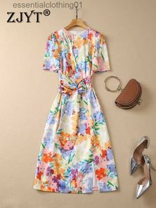 Basic Casual Dresses ZJYT Elegant Party Dresses for Women 2023 Summer Designer Fancy Floral Print Knee Length Vestidos Casual Holiday Robe Femmes XXL L230918