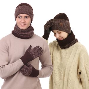 Mäns Autumn Winter Keep Warm Set unisex beanie handskar halsduk manlig ullgarn stickad ljuddämpare fast färg halsgång mjuk hatt