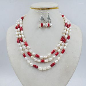 Colar brincos conjunto 3 fileiras 7-8mm pérola branca cultivada natural/coral joias de casamento femininas europeias