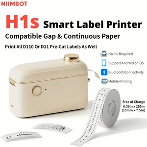 Машина для изготовления этикеток NIIMBOT H1S с лентой (белая: 0,59 дюйма x 295 дюймов), ширина печати полдюйма, портативный мобильный принтер для редактирования наклеек, совместимая непрерывная бумага с зазором