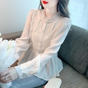 Kvinnors blusar Solid Chiffon Shirt Summer 2023 Casual Long Sleeves Top O-Neck Ladies Ruffle Clothing Ycmyunyan