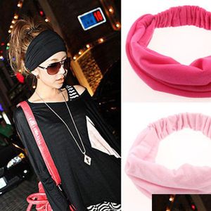 Hårtillbehör Kvinnor Girls Cotton Knutted Turban Head Warp Band Wide Elastic pannband Sport Yoga Running Fitness Sports Band Drop Dhg9l