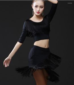 Scena zużycie solidnoczerwone/czarne latynoskie topy spódnice frędzle Tassel konkurs Latina sukienki Junior salsa/tango tańczące ubrania dziewczyny