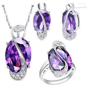 Collana Orecchini Set Moda Donna Anniversario di matrimonio Fascino Viola Ovale Zircone Collana/Anello/Orecchini Oro bianco T156-6#