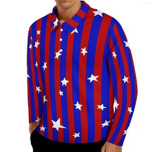 Męskie gwiazdy polo i w paski zwykłą koszulę polo Red Blue T-shirts Długie rękawy Niestandardowe jesień Vintage Oversizefise Tops Pomysł na prezent