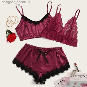 Set sexy Pigiama lingerie sexy per donna kigurumi vestiti per la casa camicia da notte 3 pezzi Reggiseno in pizzo Stain Seta Canotta Pigiama Pantaloncini da notte Set Q0706 L230918