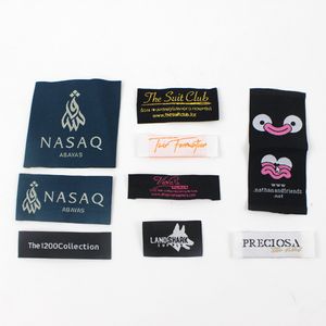 Personalizar etiquetas de marca de roupas tecidas, etiquetas de algodão para marcas de roupas