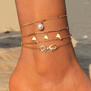 Anklets Boho Triangle Bow-Knot Anklet Barefoot Sandals Foot Smycken Fashion Pärlor Legkedja Pearl for Women 2023 Trend