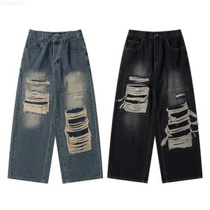 High Street Trendy Brand Washed Hole Patch Loose Straight Leg Wide Casual Jeans6ias